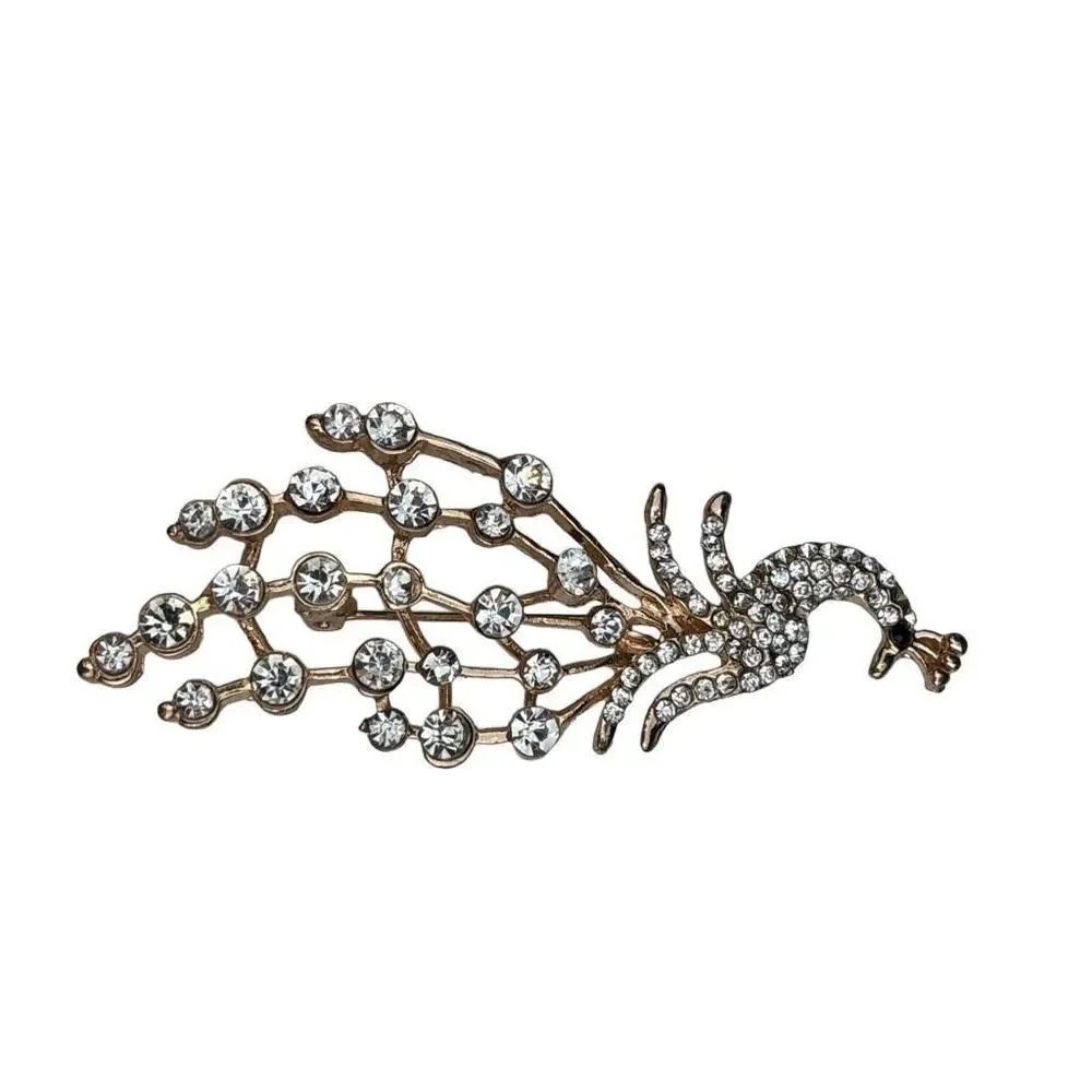Vintage Rhinestone Peacock Brooch Gold Tone Dangle Tail